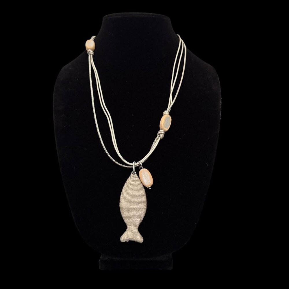 Chicos Beaded Fish 3 Strand Leather Chain Necklace Asymmetrical Silver Wood